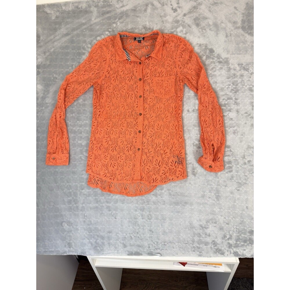Volcom Women's L Coral Floral Lace Button Up Shirt Long Sleeve Sheer Blouse